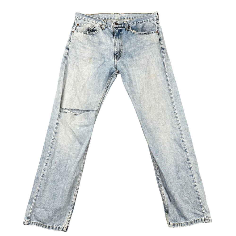 Levi's 505 Mens Regular Fit Straight Leg Jeans Light Wash Blue 34x30 Distressed - Picture 1 of 8